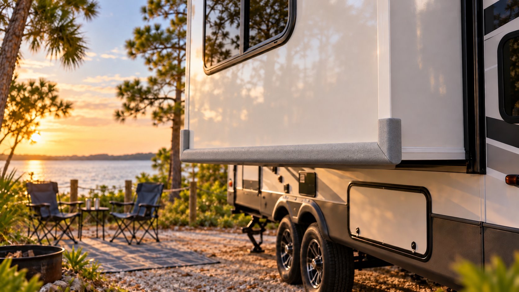 Close detail of RV Slide Guard installed only on the front lower slide-out edge with short corner coverage